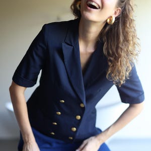 Vintage navy blue double breasted short sleeve blazer jacket
