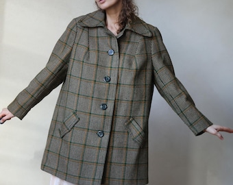 Vintage beige green plaid wool soft blazer jacket coat