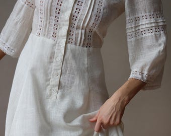 Finnish Vintage white lace trim peasant style maxi dress