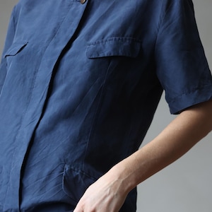 Vintage blue silk simple shirt midi dress