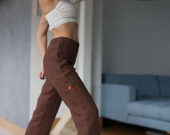 Vintage brown pure linen straight leg trousers pants