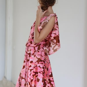 Vintage pink abstract print handmade midi dress