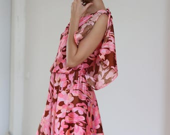 Vintage pink abstract print handmade midi dress