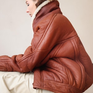 Vintage thick genuine sheepskin shearling brown fur collar winter jacket