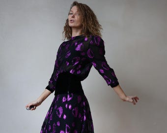 80s Italian Vintage black shiny purple two piece midi skirt blouse set