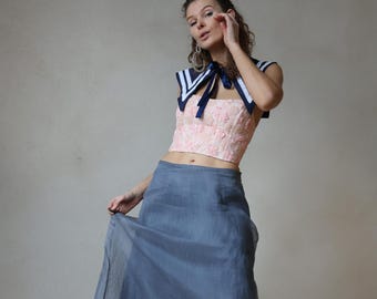 Vintage blue double layered silk floor maxi skirt