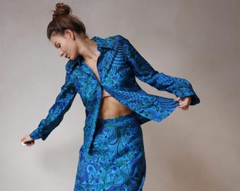 Thai Vintage blue silk two piece maxi skirt blouse set