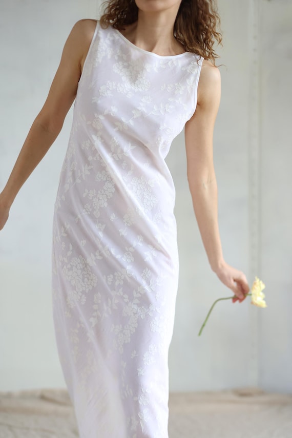 Vintage Semi Sheer White Floral Sleeveless Maxi Dress - Etsy Israel Vintage Semi Sheer White Floral Sleeveless Maxi Dress - Etsy Israel