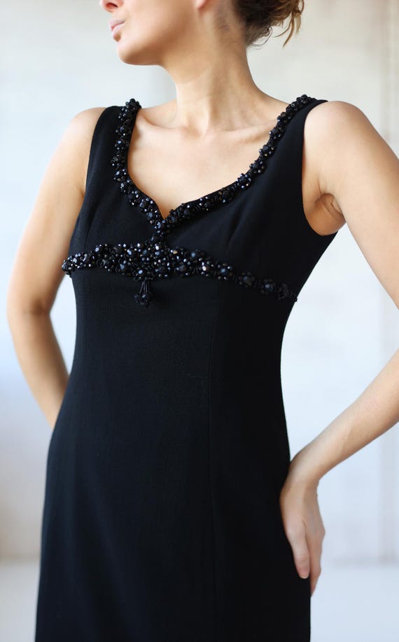 60s Mod vintage black wool slim sleeveless beaded midi dress S