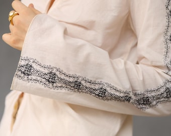 Vintage light pink cotton embroidered sleeve blouse top