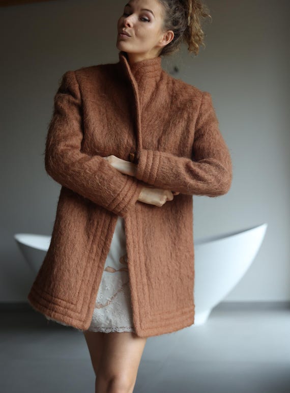 ヴィンテージブラウンウールモヘアヒップ丈ジャケットコート - Etsy 日本