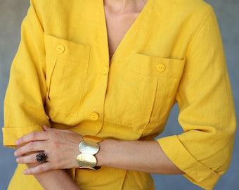 French Vintage yellow linen short sleeve pocketed jacket blouse top