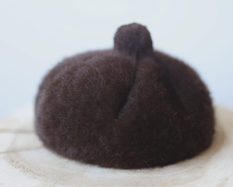 May include: A dark brown beret with a small pom-pom on top. The hat is made of a soft, fuzzy material and sits on a light-colored surface. This classic beret is a stylish accessory.