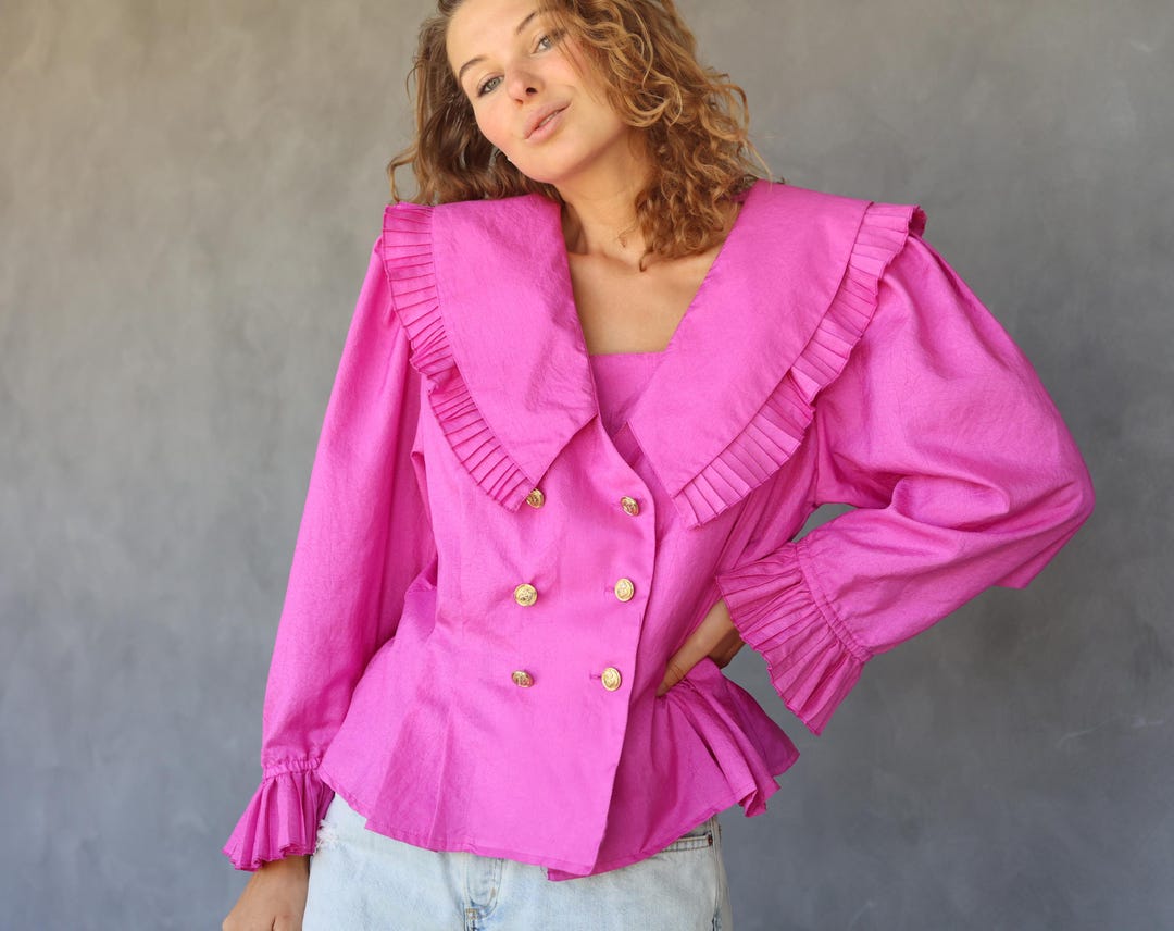 Vintage Pink Large Collar Long Sleeve Gold Button Blouse Top - Etsy