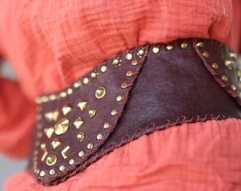 Vintage wine red gold studded leather wide corset waist belt