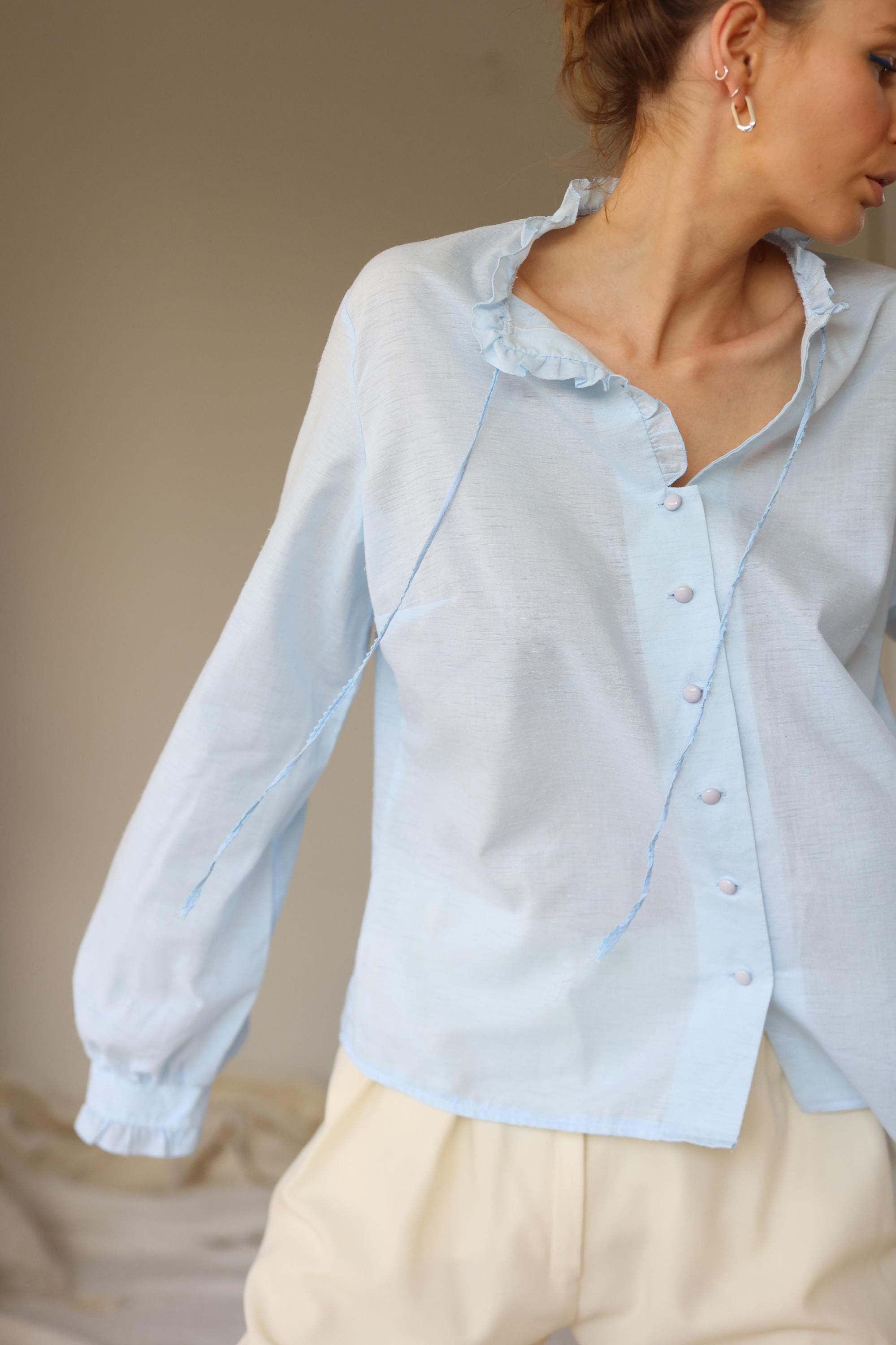 Vintage Sky Blue Semi Sheer Simple Blouse Top - Etsy