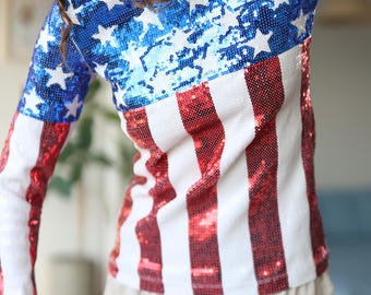 MOSCHINO Vintage Sequin Stars and Stripes Long Sleeve Blouse Top