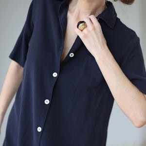 Vintage navy blue simple shirt midi dress