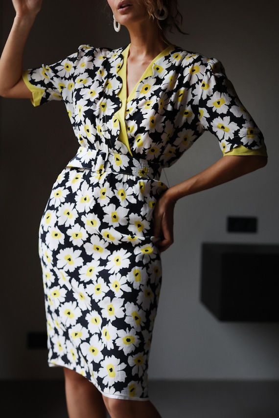 Italian Vintage Black Yellow Floral Print Silk Belted Midi Dress - Etsy