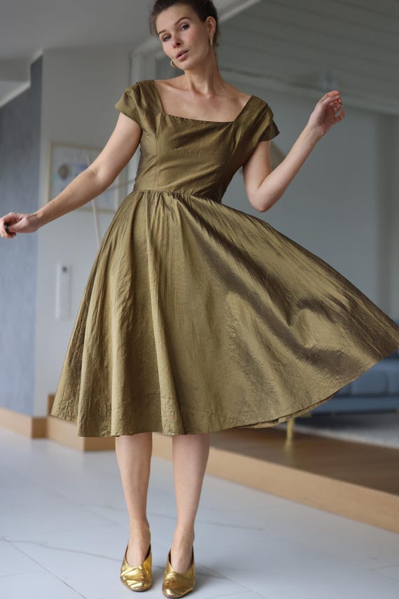 50s fitted dress 50s Vintage golden green hourglass princess full skirt dress