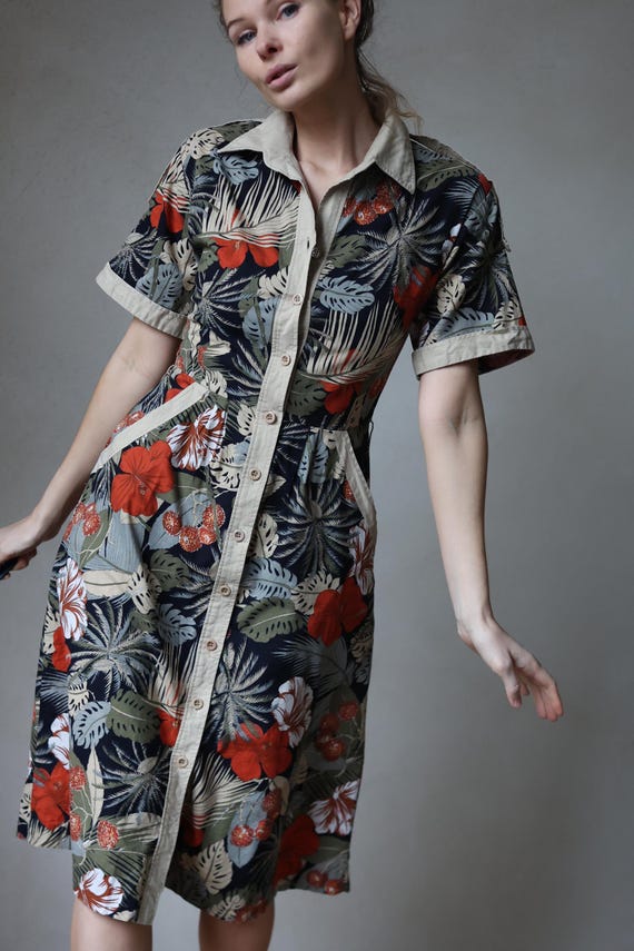 retro tropical dress Vintage Tropical Forest Print Cotton Waisted Summer Shirt Midi Dress