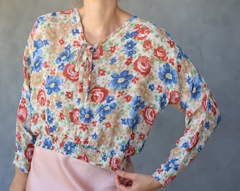 Vintage blue red floral print long sleeve blouse top