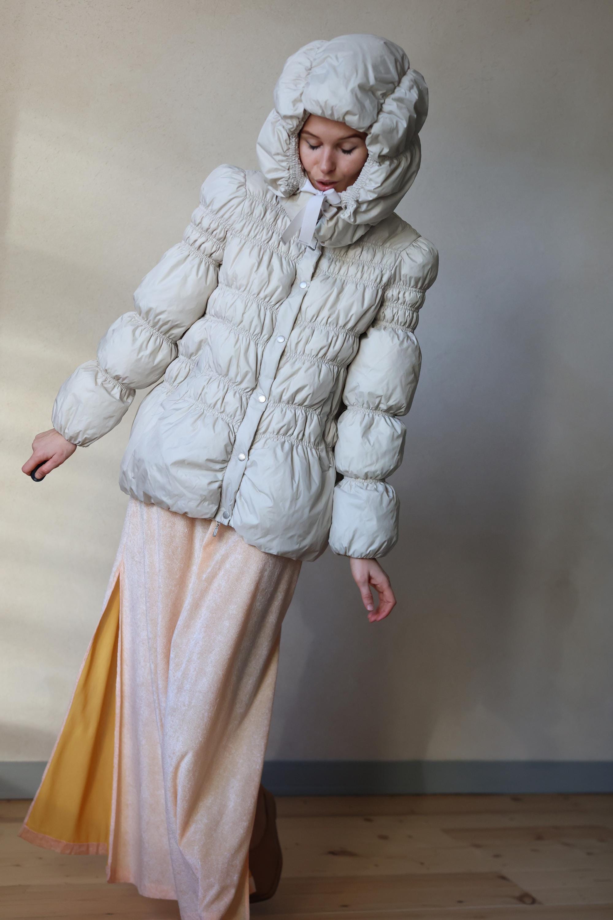 トップス nude vintage 2way Puffy Jacket Vintage Beige White Hooded Soft Down Padded Puffer Winter Jacket