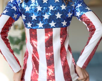 MOSCHINO Vintage Sequin Stars and Stripes Long Sleeve Blouse Top