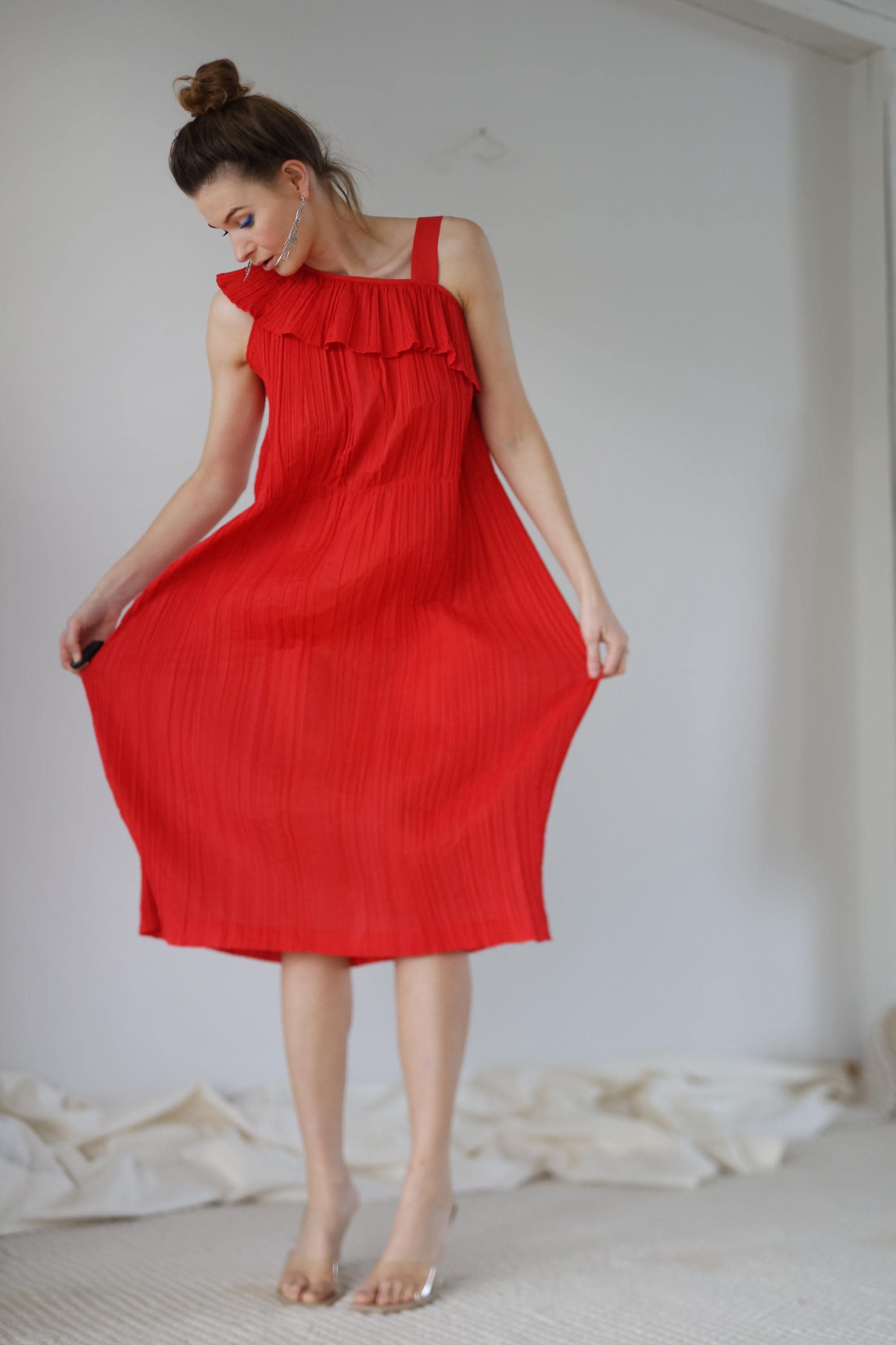 red midi pleated dress LINA One Shoulder Pleated Midi Dress in Red