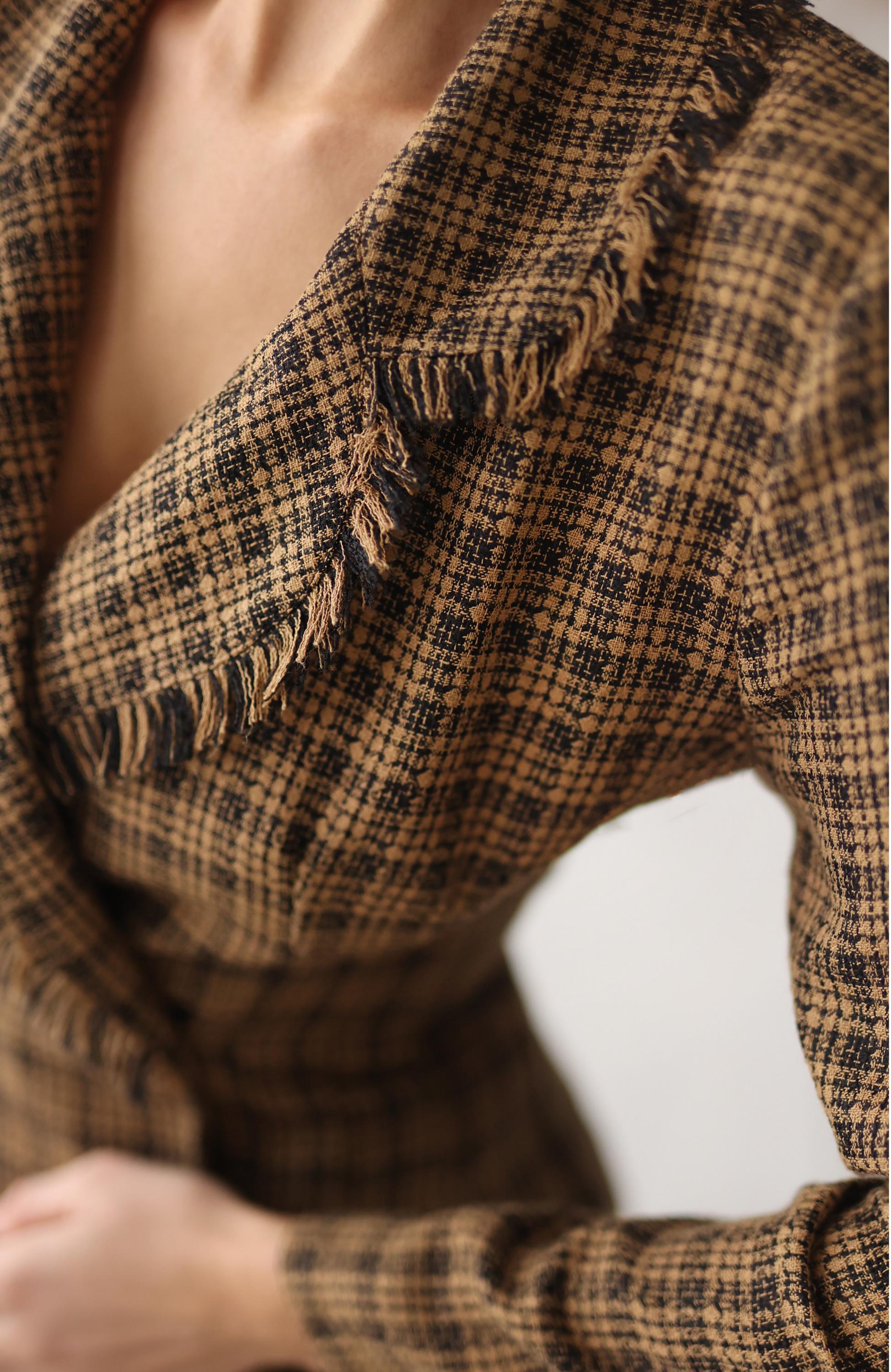 brown plaid blazer dress Women's Brown Check Shoulder Pad Blazer Mini Dress