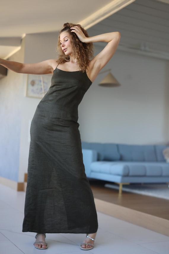 olive green linen maxi dress Vintage khaki green linen summer maxi dress