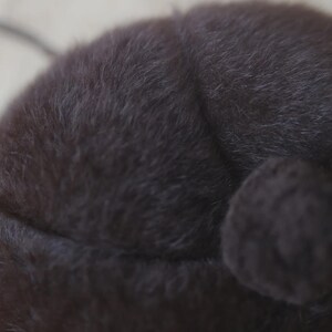 May include: Close-up of a dark brown, fuzzy hat with a small pom-pom. The hat appears to be made of a soft, plush material, and the pom-pom is attached to the side. The hat's texture is visible, with a slight sheen.