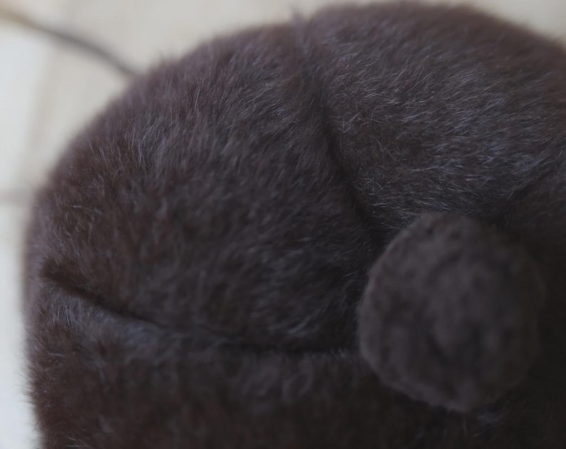 May include: Close-up of a dark brown, fuzzy hat with a small pom-pom. The hat appears to be made of a soft, plush material, and the pom-pom is attached to the side. The hat's texture is visible, with a slight sheen.