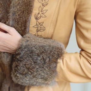Vintage beige genuine leather fur trim knee length coat