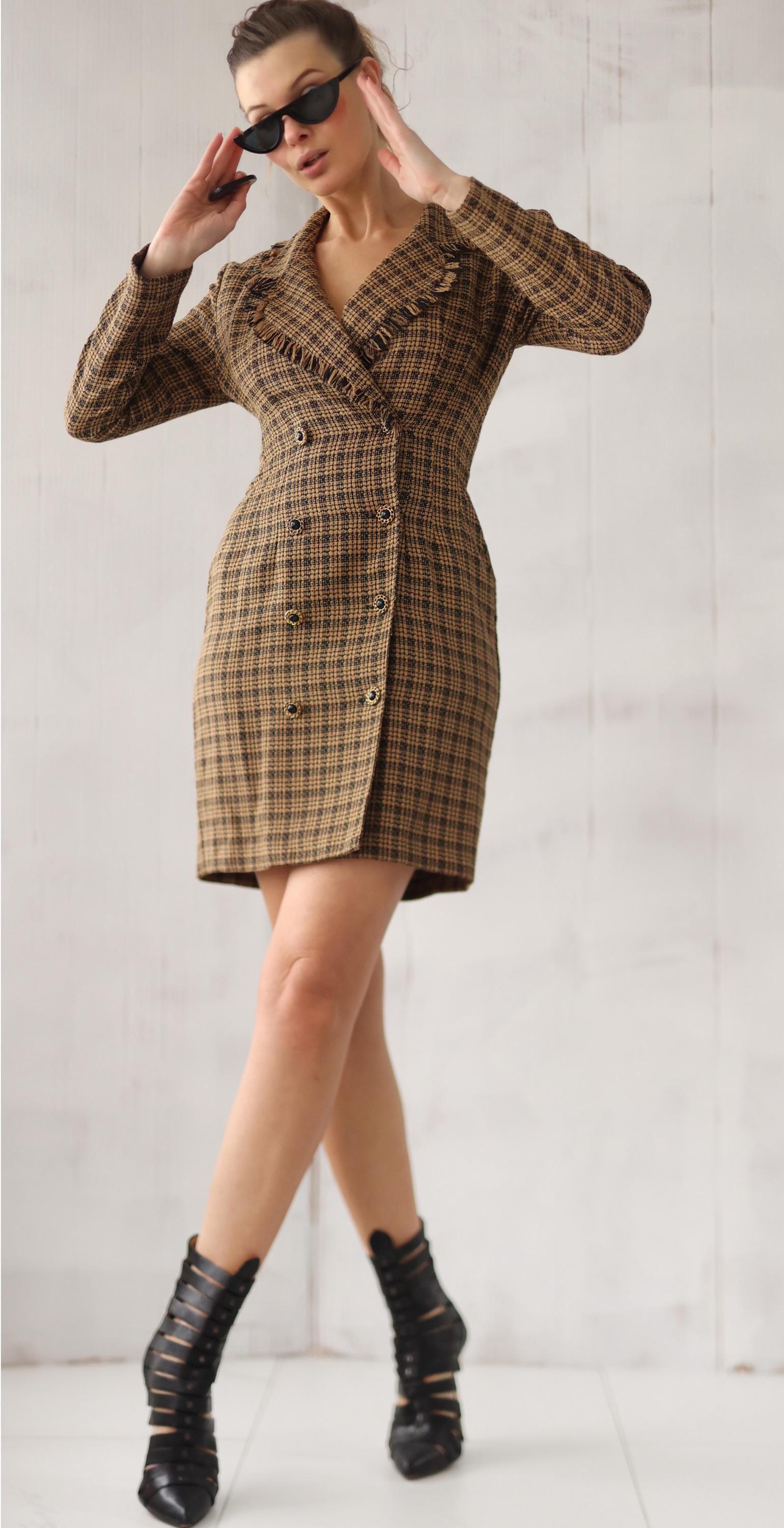 brown check blazer dress Women's Brown Check Shoulder Pad Blazer Mini Dress