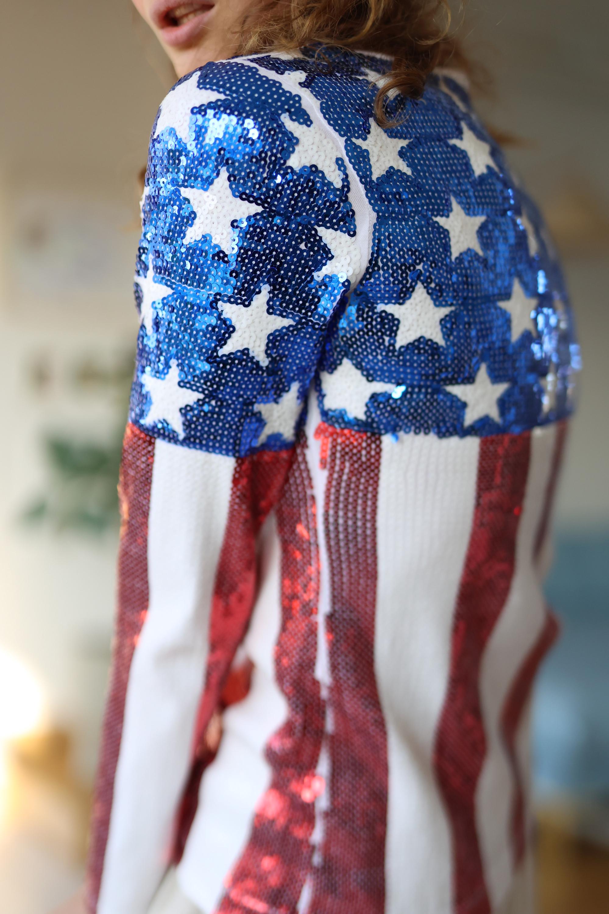 美品　80年代　MOSCHINO ヴィンテージ　ブラウス　長袖 MOSCHINO Vintage Sequin Stars and Stripes Long Sleeve Blouse Top