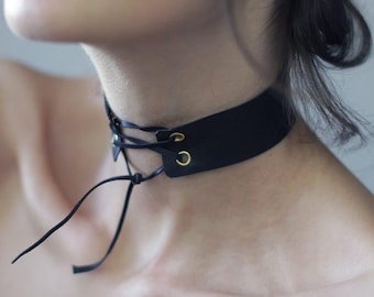 Handmade matte black leather wide neck strap lace up choker ribbon necklace