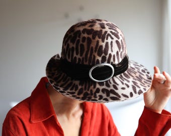 Vintage leopard print angora wool wide brim hat