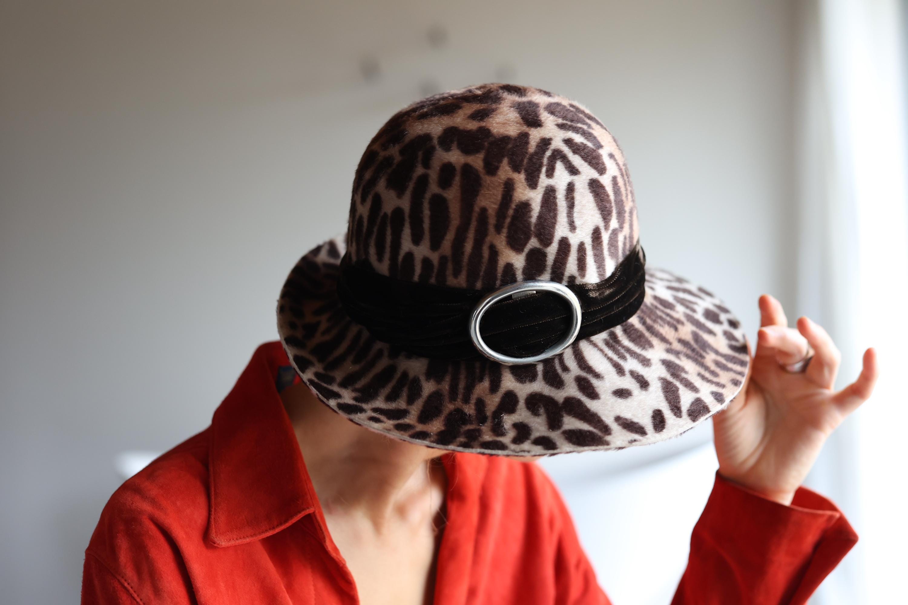 Vintage 80s Wool Faux Fur Leopard Print and Burgundy Accent Wide Brim Hat Leopard Vintage Hats for Women for sale | eBay main image 2