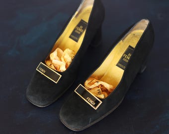 FENDI Vintage black suede leather high block heel shoes 36