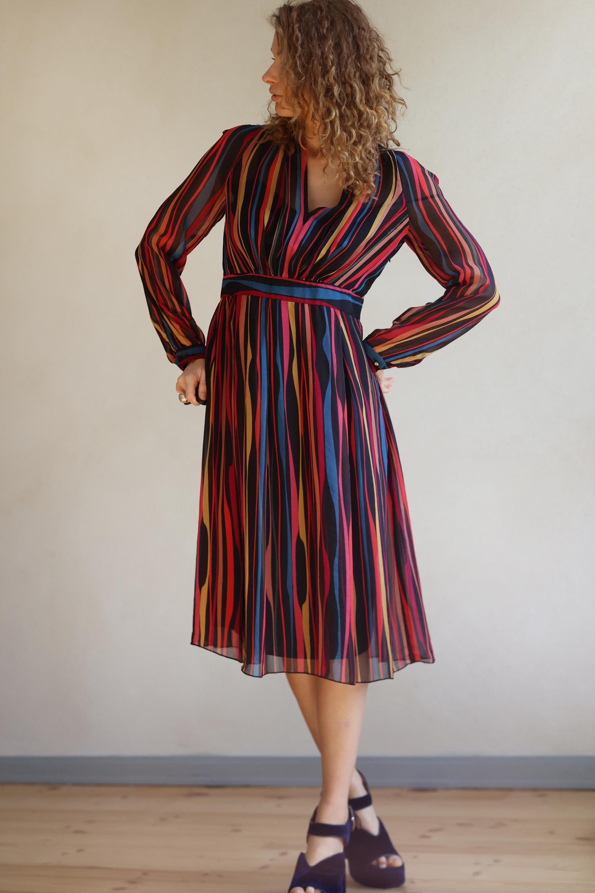 anne klein striped midi dress ANNE KLEIN Vintage Striped Print Midi Dress