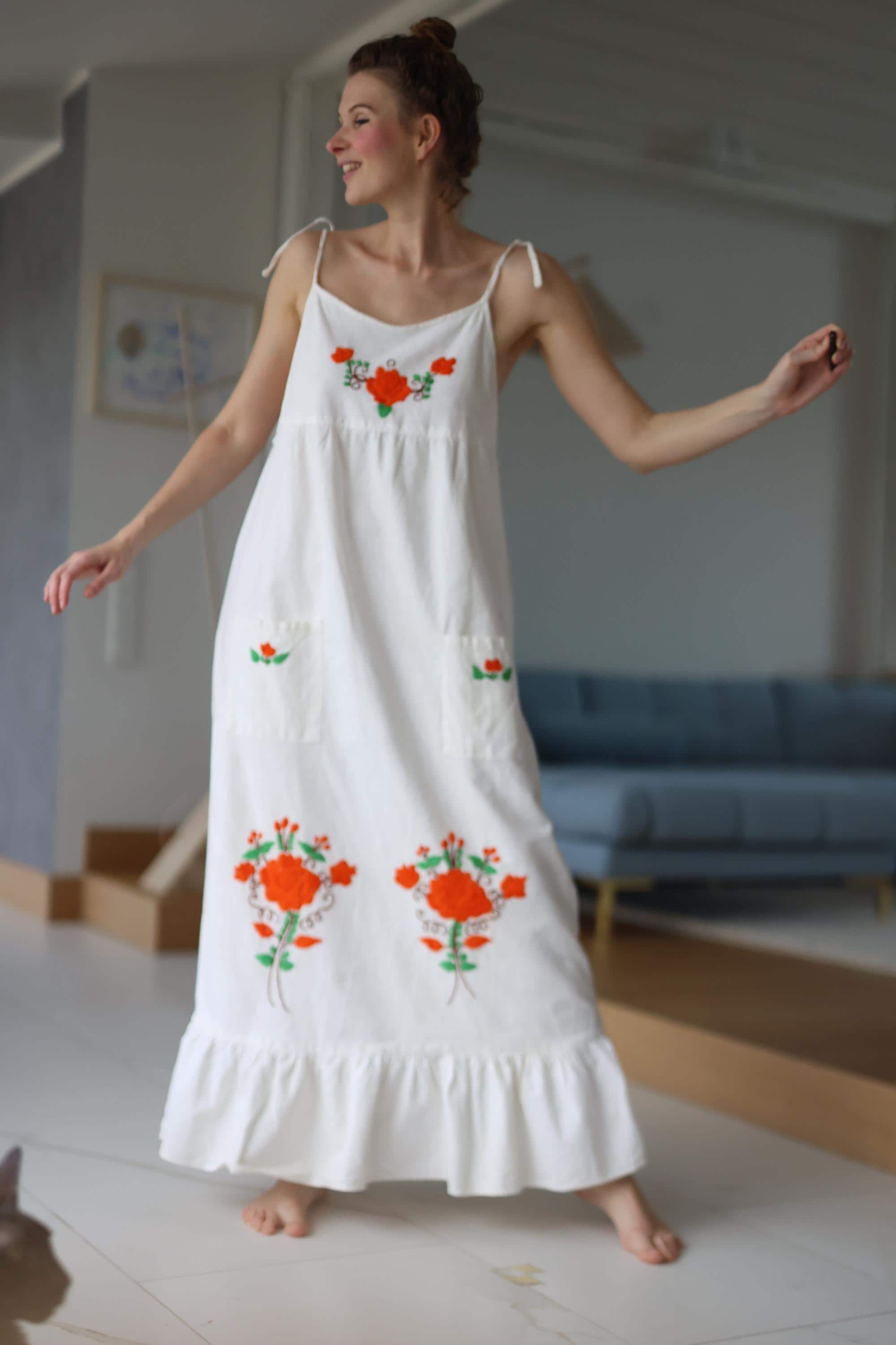 white peasant dress embroidered Mexican Peasant Off Shoulder Embroidered Floral White Dress