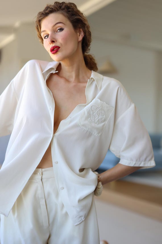 Vintage cream white embroidered silk short sleeve button up shirt blouse top