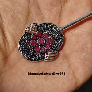 Sterling Silver Ruby Gemstone Floral Hair Bun Stick, Vintage Boho Hair Accessory
