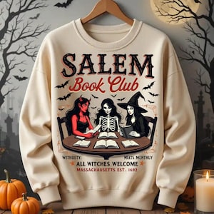 Witchy Book Club PNG Spooky Girl Reading Halloween Witchcraft Art for Book Lover Salem Aesthetic Haunted Massachusetts Halloween Design clip
