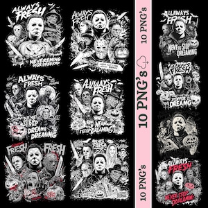 Horror character sublimation PNG bundle featuring retro Halloween designs, scary movie characters, horror character sublimation PNG bundle,retro scary movie designs,creepy Halloween clipart set for DIY crafts creepy Halloween clipart for shirts, mugs, tumblers, and DIY crafts. Digital scary Halloween PNG sublimation set for horror fans and spooky party decorations.