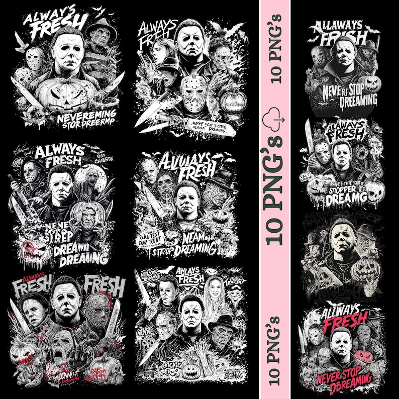 Horror character sublimation PNG bundle featuring retro Halloween designs, scary movie characters, horror character sublimation PNG bundle,retro scary movie designs,creepy Halloween clipart set for DIY crafts creepy Halloween clipart for shirts, mugs, tumblers, and DIY crafts. Digital scary Halloween PNG sublimation set for horror fans and spooky party decorations.