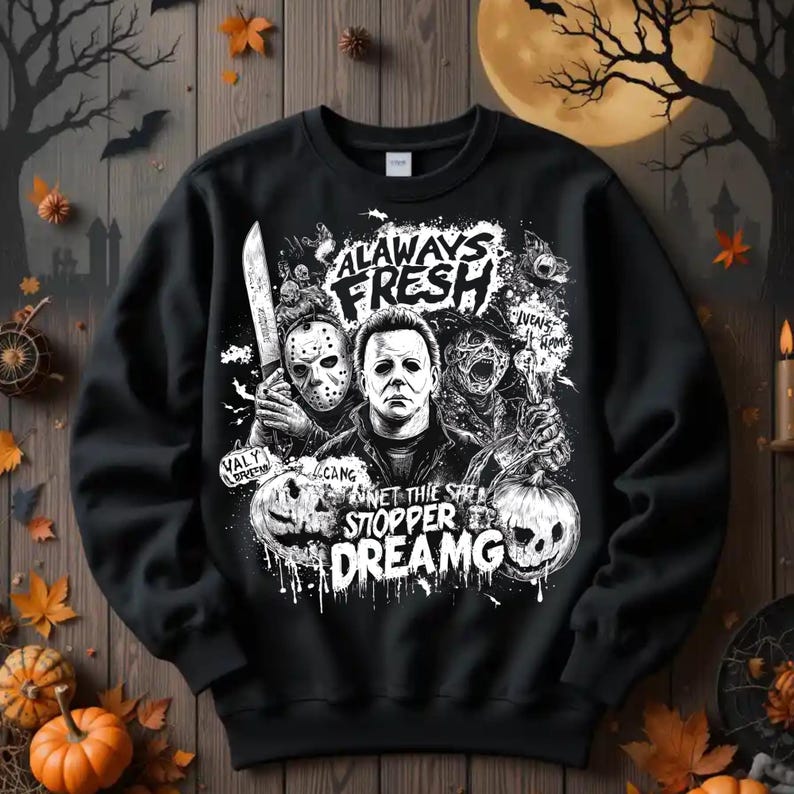 May include: Black sweatshirt featuring a Halloween-themed graphic with the text "ALWAYS FRESH" and "NET THIS STOOPER DREAMG". The design includes images of horror movie characters, pumpkins, and a full moon.