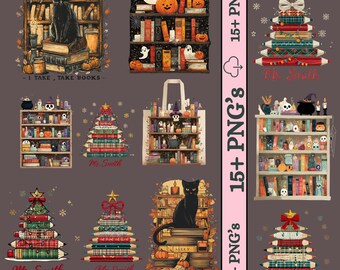 10+Retro Halloween Bookshelf Png Bundle | Cute Halloween PNG Boo Ghost Reading Book Png sublimation Halloween Book Png Halloween Sublimation