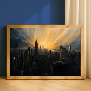 Cityscape Printable Wall Art, Night Skyline Painting Style Digital Decor, Modern Home Decor Gift, Skyline Photography, Home Office Decor